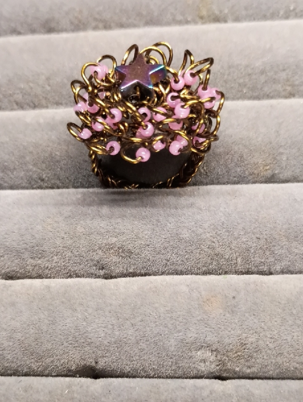 The Star Gallexy Antique Copper Wire Pink Bead Floral Ring Hand Crafted